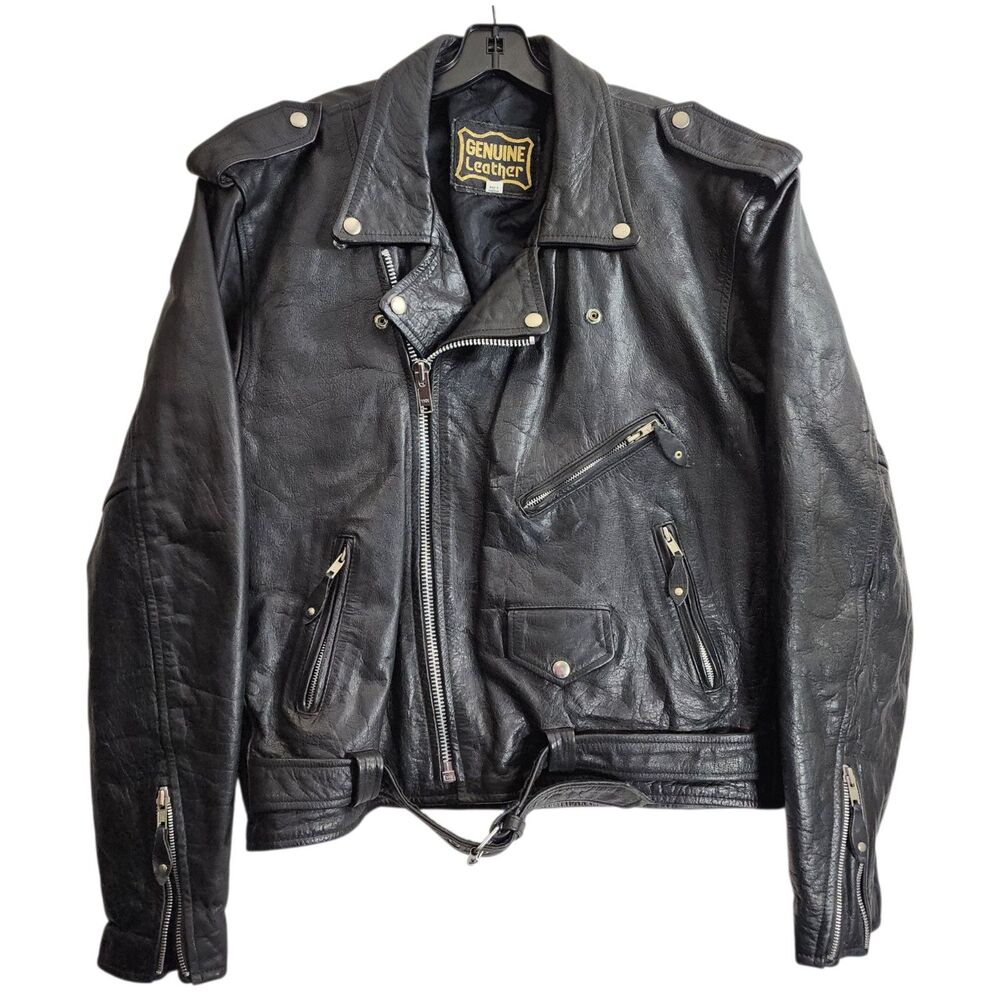 Vintage GENUINE LEATHER Jacket Mens XL Black Motorcycle Biker Double Rider 80s